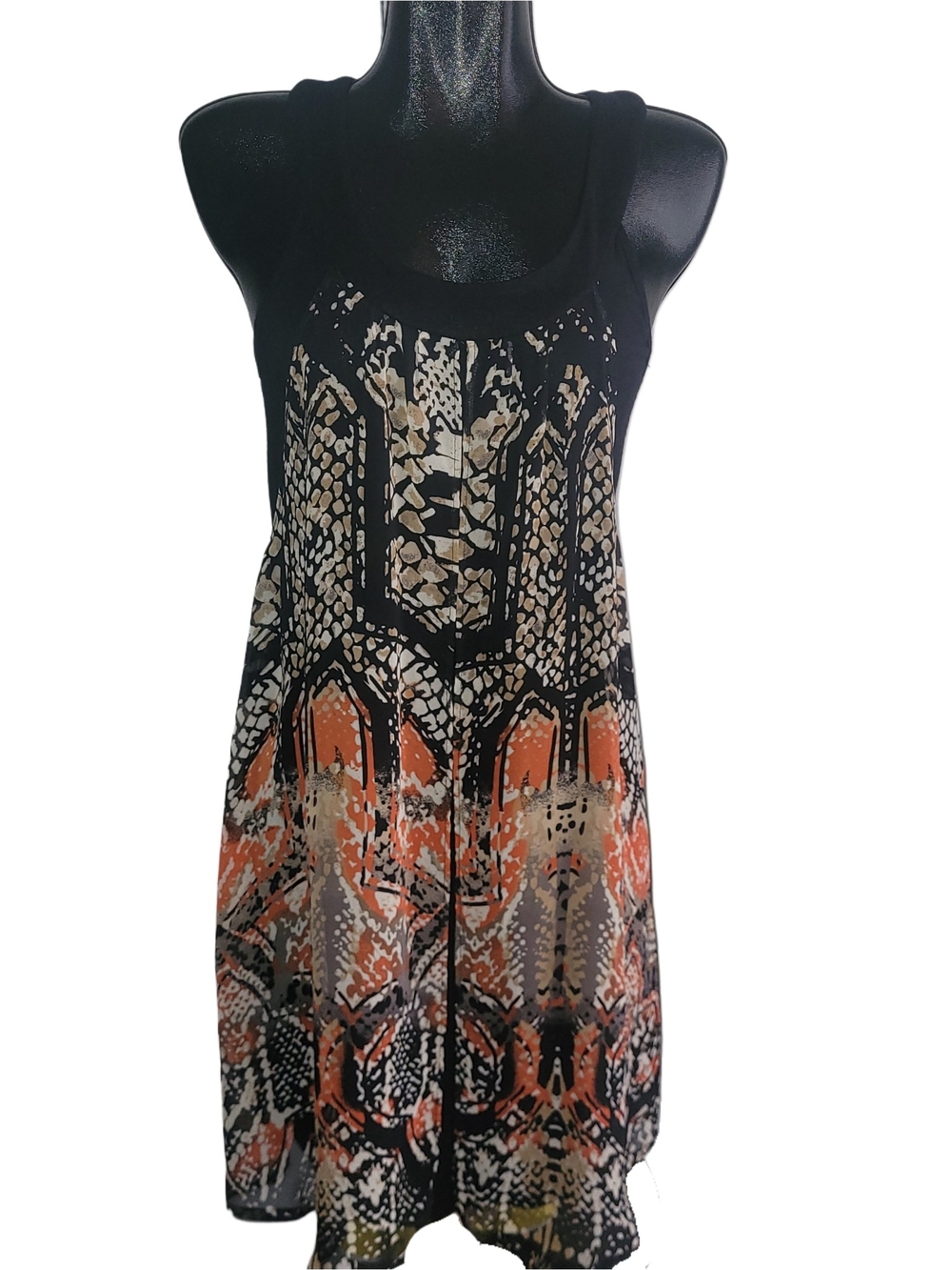 Linea Domani Womens Black & Orange Print Overlay Sleeveless Dress Size S